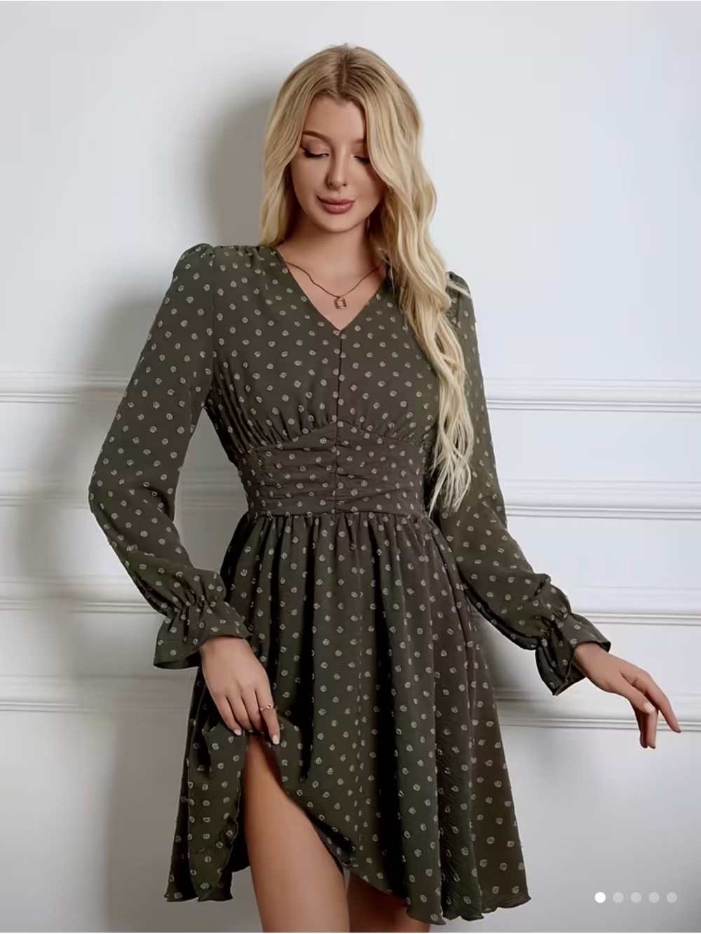 Olive Long-Sleeve Printed Midi Dress with Gathered Waist